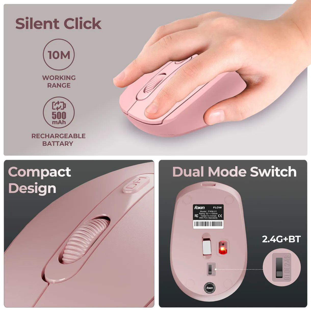 Foxin Wireless Mouse Flow 2.4G + BT (Flow) Pink view 5
